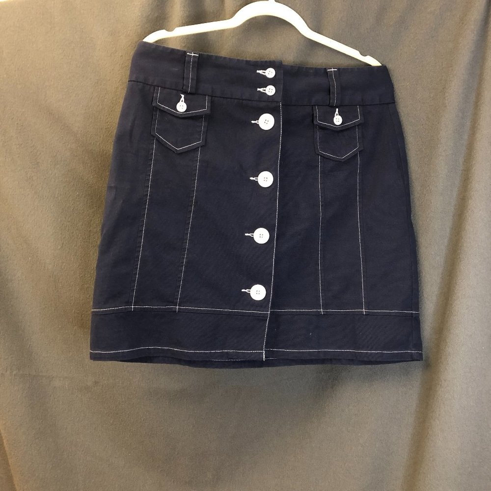 LLBean navy blue button down skirt, front buttons, 10
